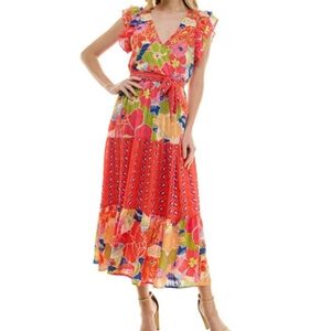 Flutter Sleeve Double V-neck Belted Floral Maxi Dress NWT
